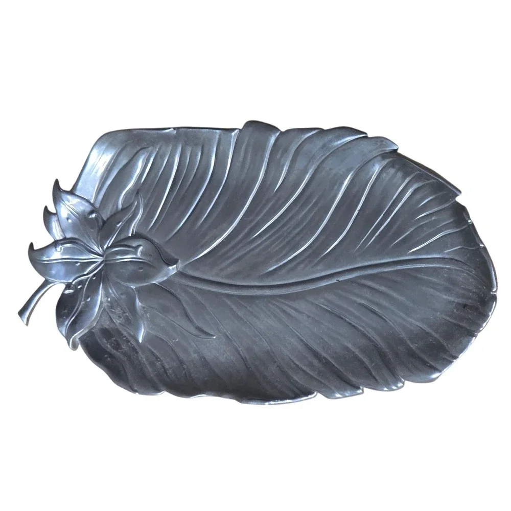 Fitz and Floyd Silver Metal Leaf Platter Decorative Tray with Flower Accent 12in